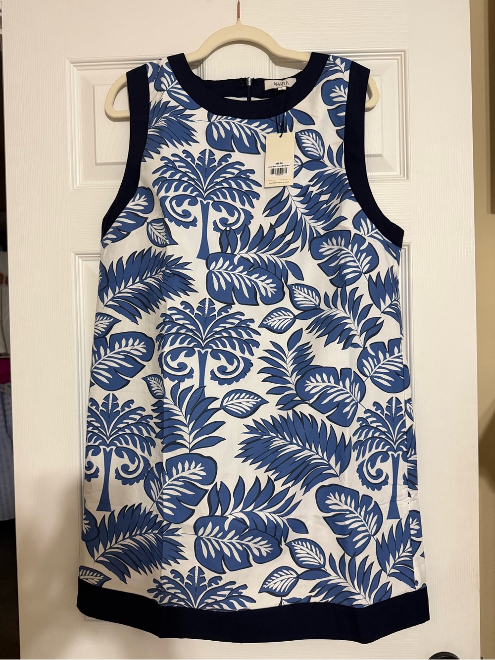 Nina Leonard Blue & White Tropical Print Sleeveless Shift Dress